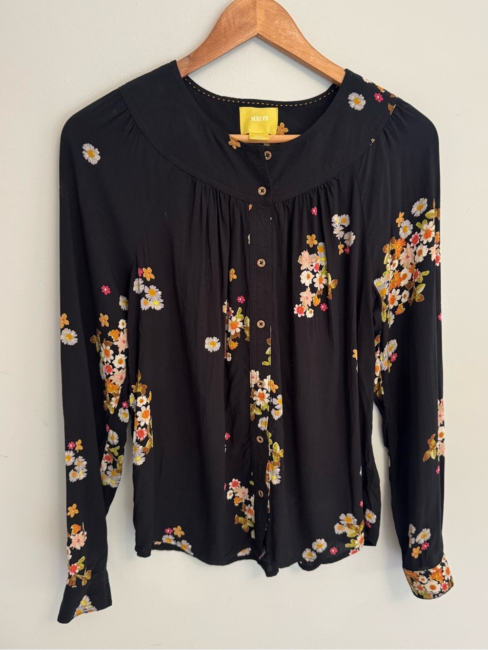 Anthropologie Maeve Floral Button Down Blouse Black Long Sleeve Size Small